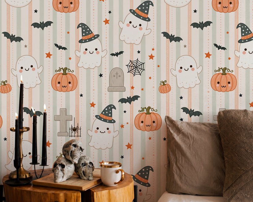 Cute autumn wallpaper with white ghosts, orange pumpkins, black bats and sage striped background