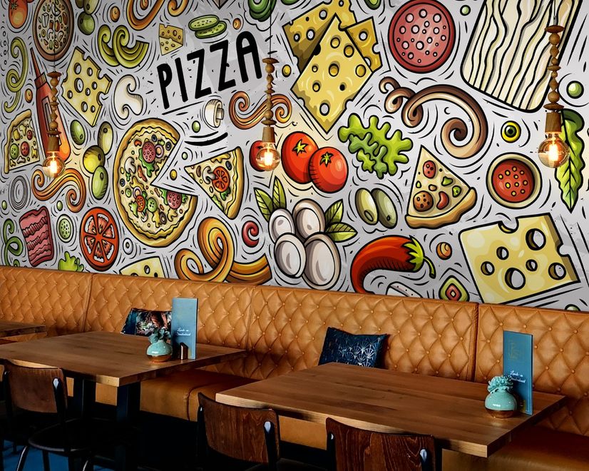 Cartoon Colorful Fast Foods and Pizza Wallpaper Mural
