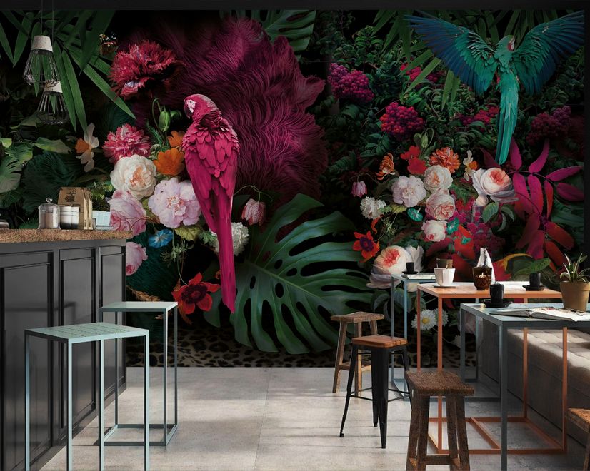 Pink Parrot with Colorful Floral Wallpaper Mural