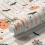 Cute autumn wallpaper with white ghosts, orange pumpkins, black bats and sage striped background