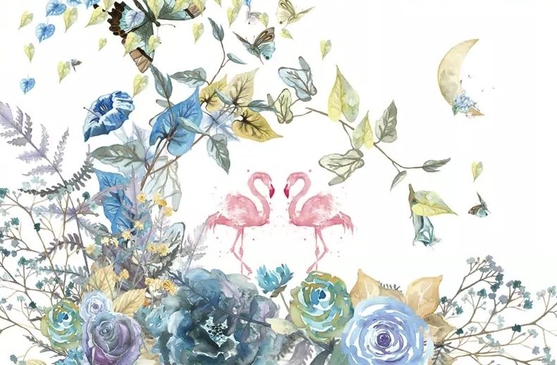 Flamingo und sanfte Blumen Fototapete