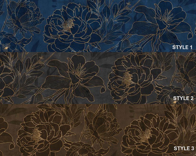 Dark Navy Peony Floral Drawing Art Wallpaper Mural