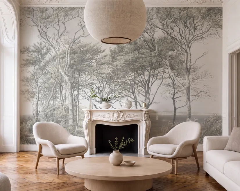 Coastal woodland wallpaper mural with grey trees, sandy path, sea horizon and small white sailboats
