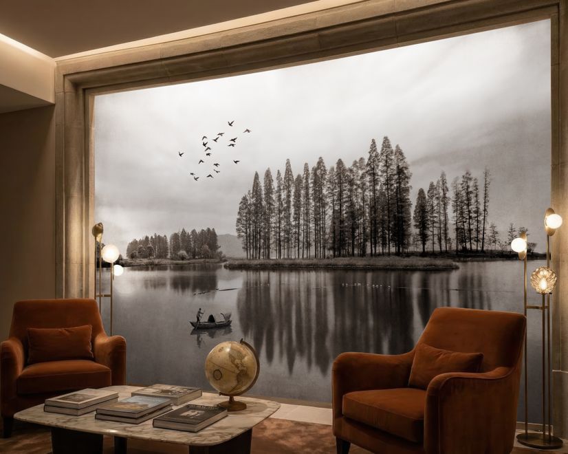 Monochrome Dark Forest and Lake Wallpaper Mural