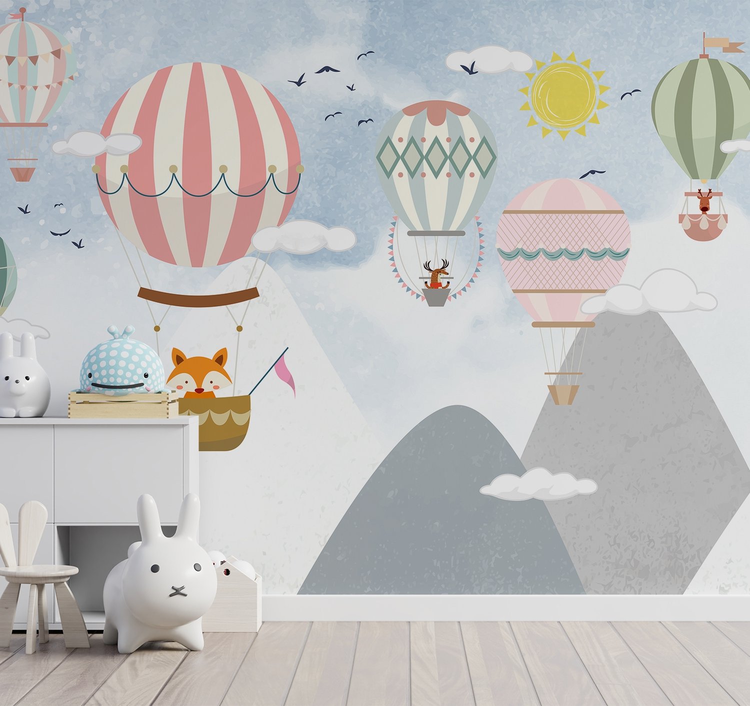 Kids Cartoon Mountain Landscape and Hot Air Balloon Wallpaper Mural - Peel and Stick