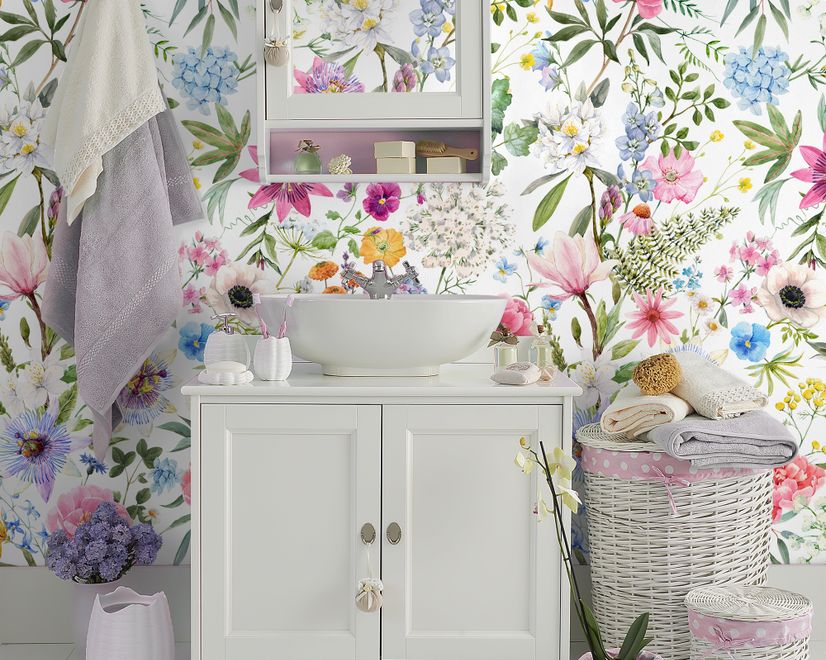 Bunte Frühlingsblumen Fototapete mit rosa Wildblumen