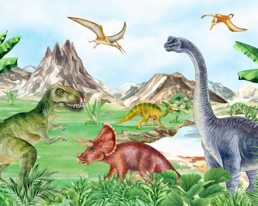 Fototapete für Kinder mit prähistorischen Dinosauriern