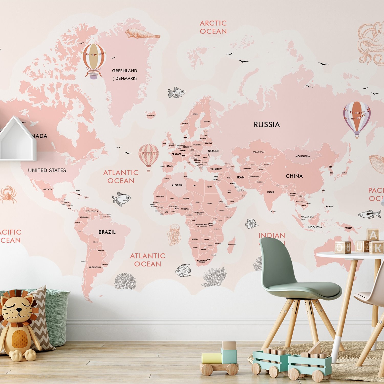 Kids Girls Cartoon Pink World Map Wallpaper Mural - Peel and Stick