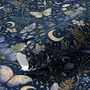 Midnight navy moody botanical wallpaper with lavender butterflies, ivory moons, gold stars, flowers and mushrooms