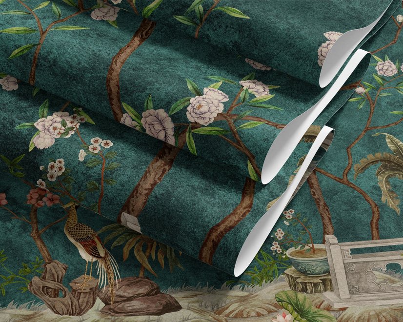 Floral wallpaper with birds in a teal chinoiserie garden with blossoms, pheasant, palms and stone railings