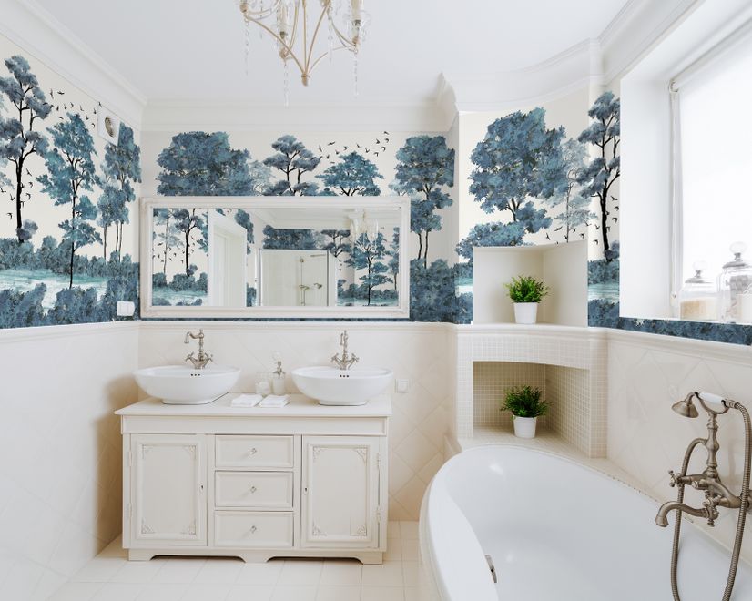 Monochrome Watercolor Big Trees Wallpaper Mural