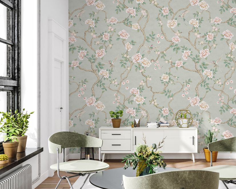 Soft Chinoiserie Peony Tree Blossom Art Wallpaper Mural