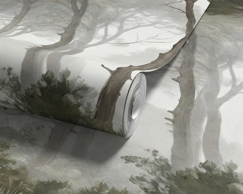 Forest in fog wallpaper with tall pine trees, grey mist, shrubs and a spiky palm in watercolour.