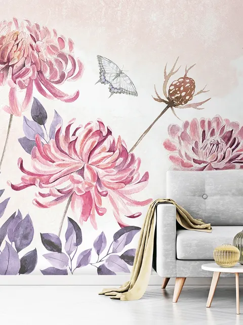 Retro Watercolor Pink Dandelion Flower Art Wallpaper Mural