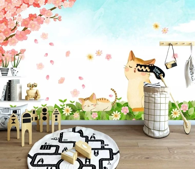 Cherry Blossom and Cartoon Cats Wallpaper Mural - Peel and Stick