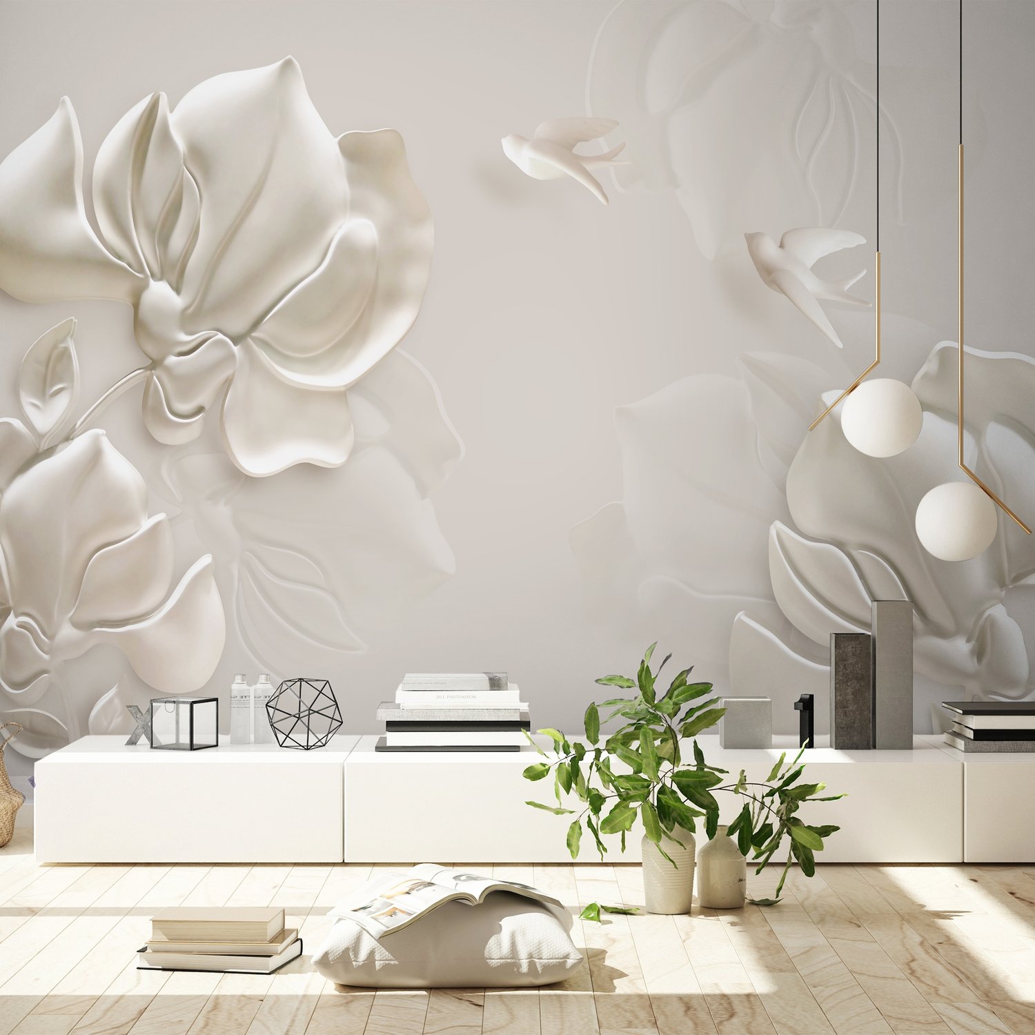 3D Embossed Look Magnolia Floral Art Wallpaper Mural - Peel and Stick