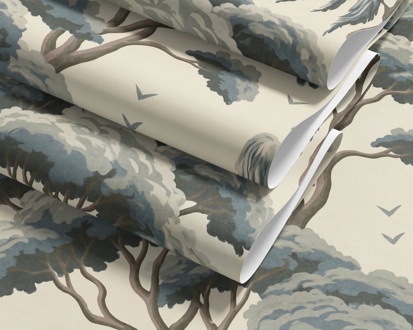 Vintage Japanese tree nature wallpaper with blue-grey canopies, willow foliage, birds and ivory-cream ground