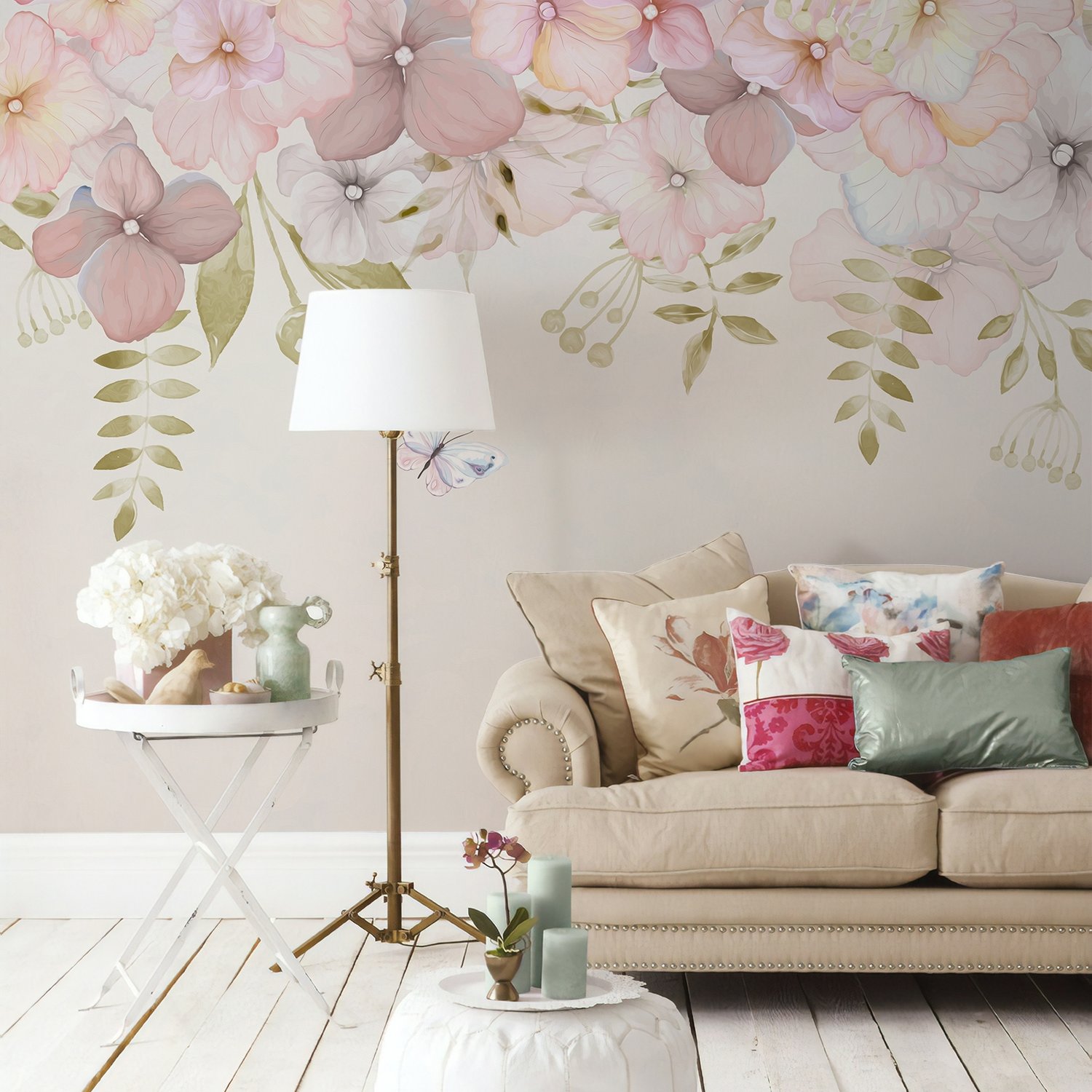 Pink Hydrangea Floral Art Wallpaper Mural - Peel and Stick