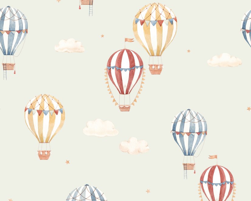 Watercolor blue wallpaper with hot air balloons, cream clouds and peach stars on pale sage green