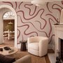 Burgundy-red looping contour lines on blush cream pink wallpaper mural