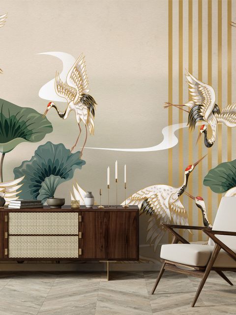Papier peint oiseaux grue chinois fleurs lotus
