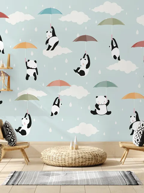 Kids Pandas With Colorful Umbrella Wallpaper Mural
