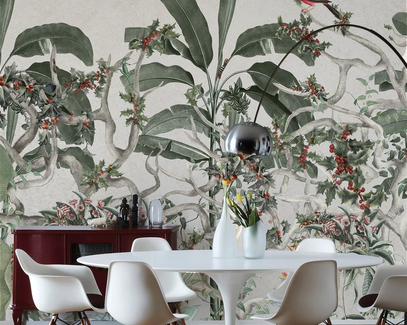 Papier peint panoramique feuilles tropicales et baies