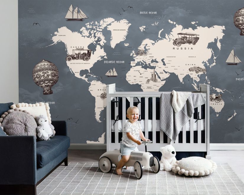 Kids Gray World Maps with Vintage Hot Air Balloon and Cars Wallpaper Mural