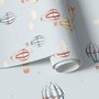Hot air balloon wallpaper with watercolor balloons, ivory clouds and peach gold stars on pale powder blue