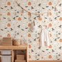 Cute autumn wallpaper with white ghosts, orange pumpkins, black bats and sage striped background