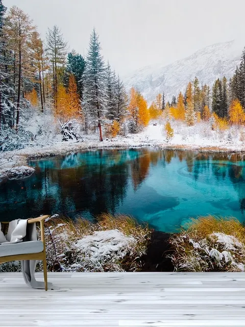 Wintersee-Landschaft mit Kiefernwald Fototapete