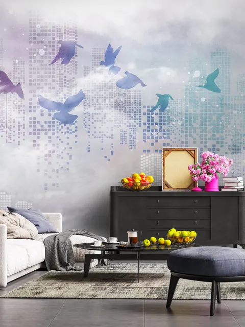 Abstract City with Purple Birds Wallpaper Mural