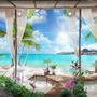3D Look  Blue Sea Landscape with Old Arches and Palm Trees Wallpaper Mural