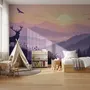 Stag mountain wallpaper with a navy deer silhouette, lavender pine ridges and a pale golden sun