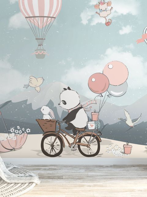 Kinder Fototapete: Süßer Panda auf Fahrrad mit Heißluftballon