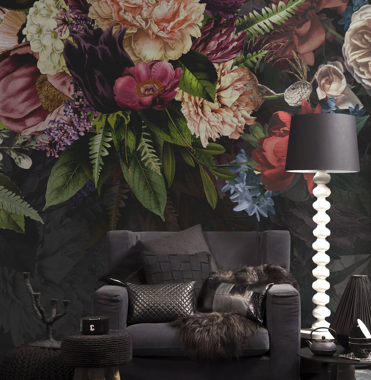 Dark Vine Floral and Peony Blossom Wallpaper Mural - Peel and Stick