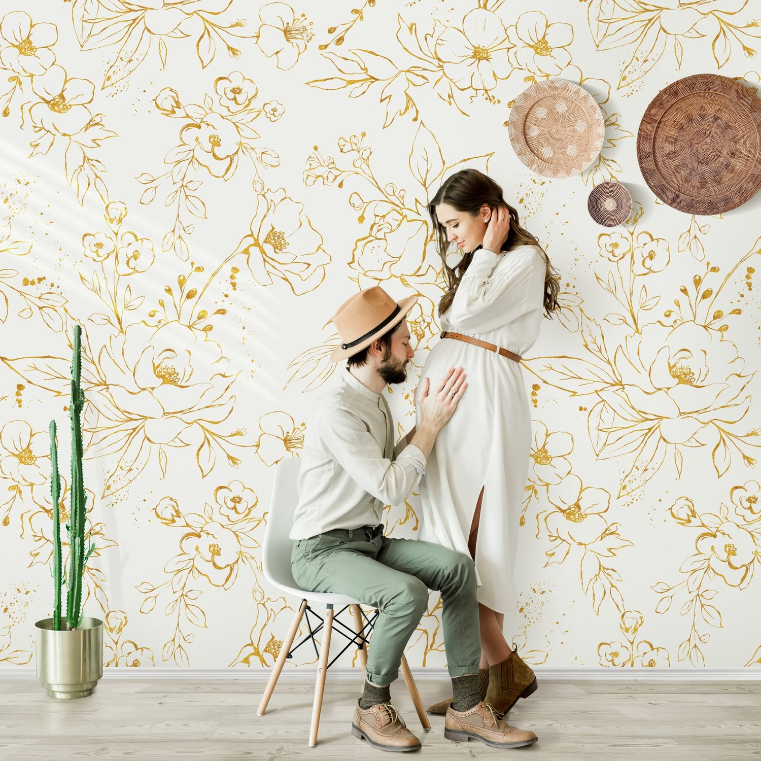 Gold Look Peony Floral Drawing Bright Flower Art Wallpaper Mural - Peel and Stick