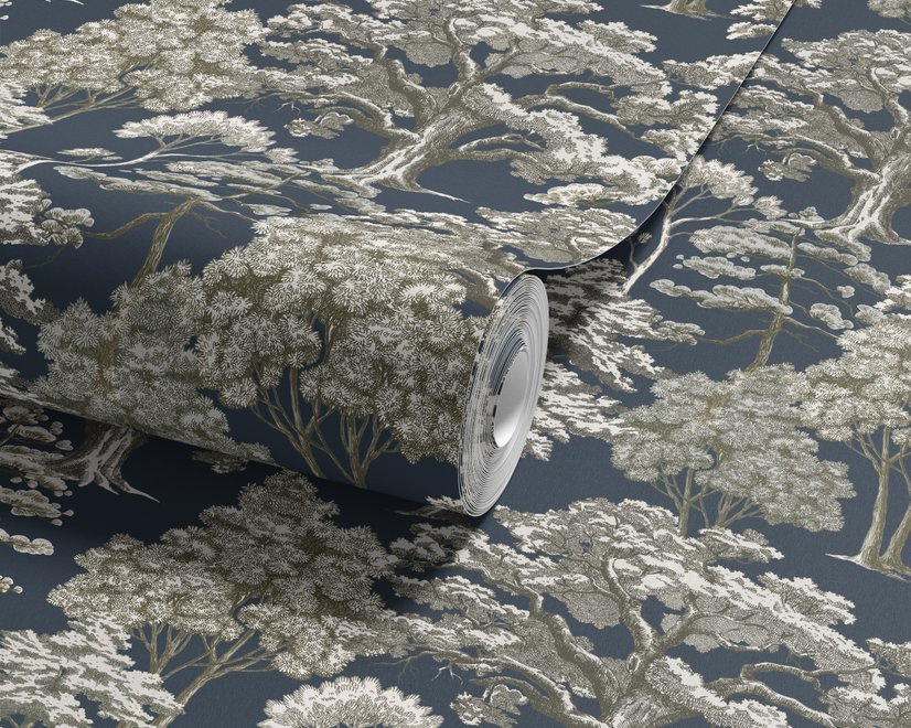 Navy wallpaper with warm ivory and taupe grey toile tree repeat on deep slate blue ground