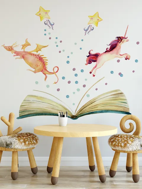 Kids Watercolor Unicorn and Dinosaurs in the Storybook Wall Decal Sticker