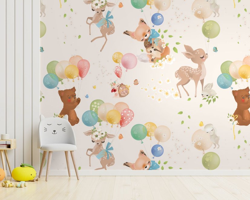 Animaux mignons volant avec des montgolfières Papier peint panoramique enfants