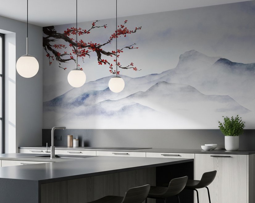 Snowy Mountainscape with Cherry Blossom Wallpaper Mural