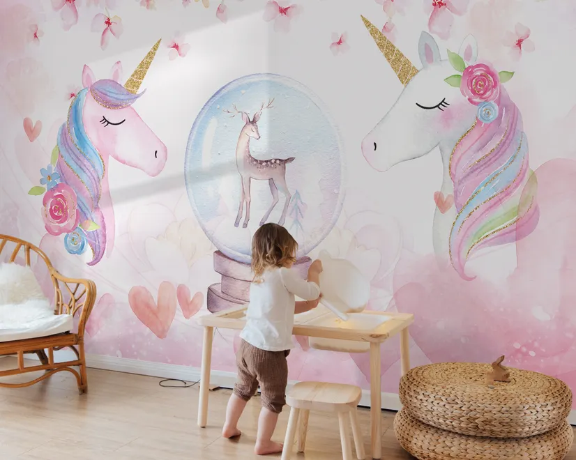 Papier peint licorne filles fleurs roses enfants