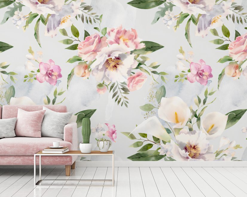 Papier peint panoramique aquarelle blanc rose Bouquet floral