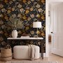 Japanese art wallpaper pattern with koi fish, gold peonies, mauve flowers and grey clouds on black