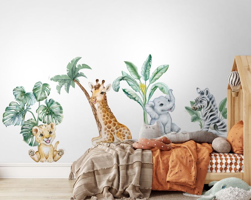 Kids Cute Safari Animal with Tropical Trees Wall Decal Sticker