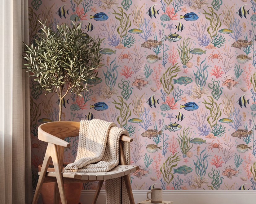 Cute pink seashell wallpaper with watercolour reef fish, coral, seaweed, starfish and shells on blush pink
