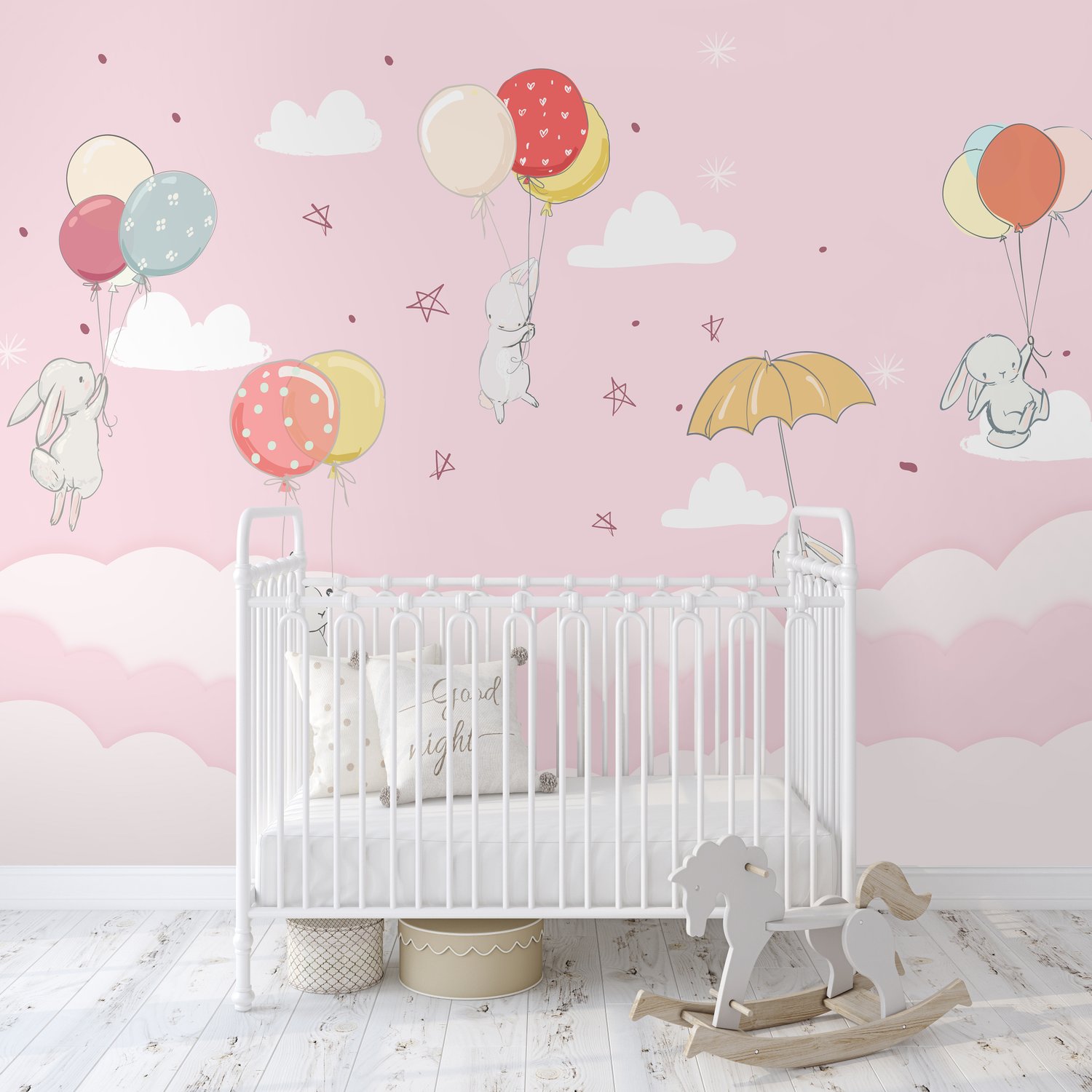 Rabbits with Air Balloon Wallpaper Mural - Peel and Stick