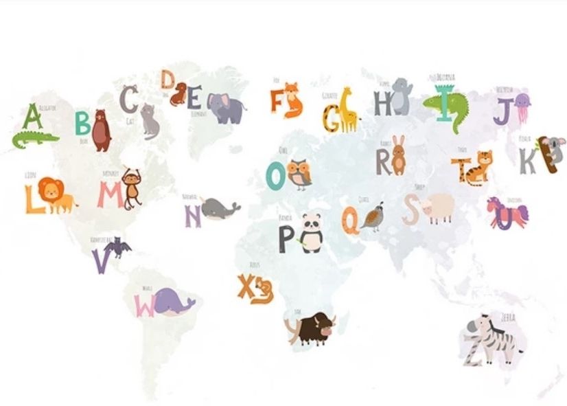 Kids Alphabet World Map with Cartoon Animals Wallpaper Mural
