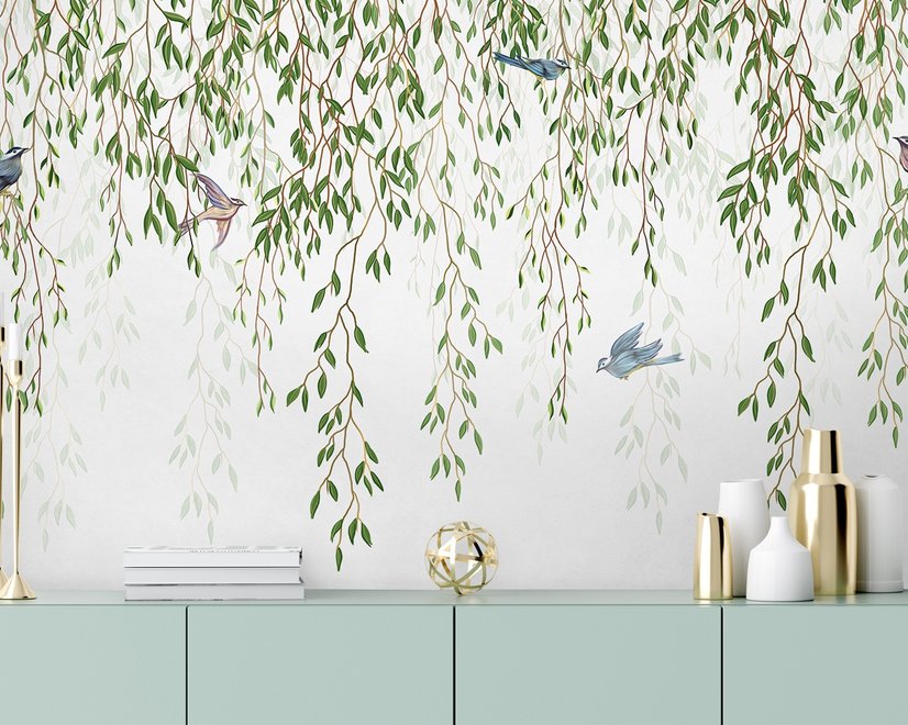 Papier peint feuilles suspendues vertes oiseaux colorés