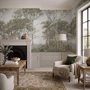 Tree wallpaper forest mural with olive coastal woodland, bare branches, shoreline path and small sailboats